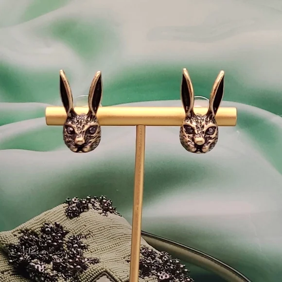 Vintage Estate Bunny Rabbit Crystal Stud Gold Earrings - Picture 7 of 16
